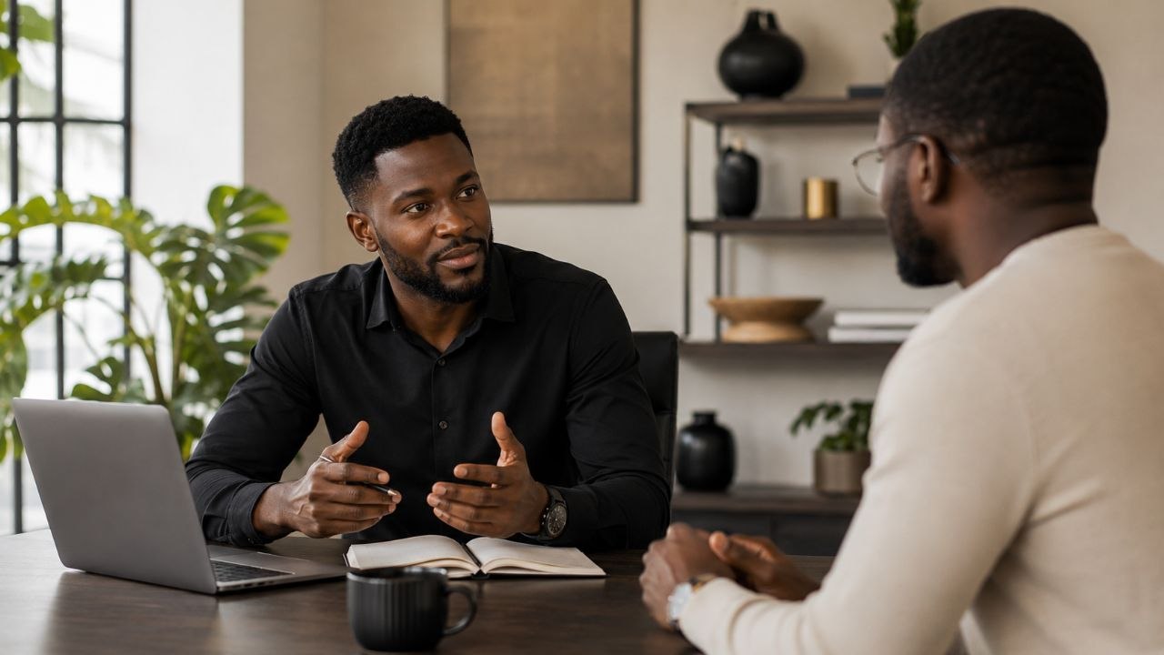 Business consultation between two professionals in a modern office