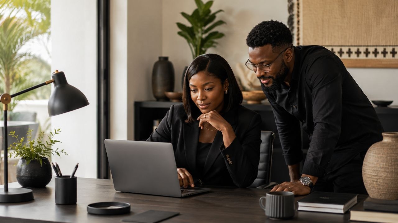 Business owners reviewing a website project with a digital specialist